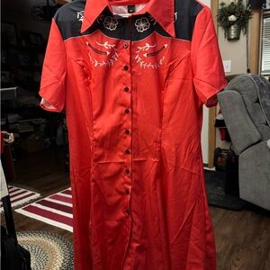 Red Western Shirt Dress with black print.